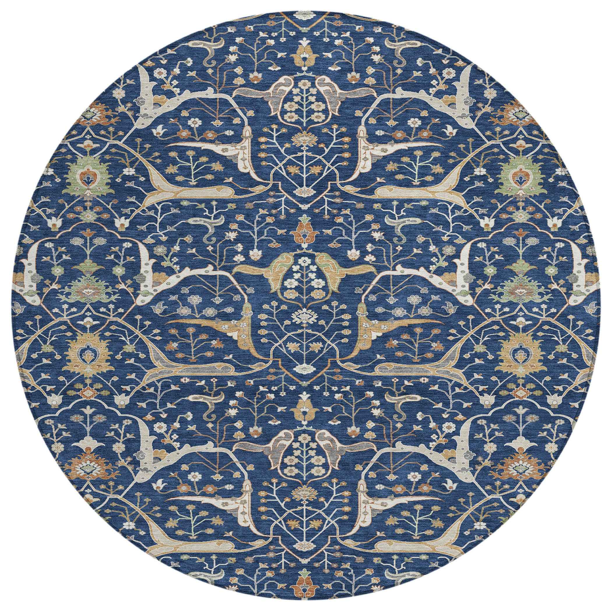 8' Navy Blue Ivory And Gold Round Floral Washable Indoor Outdoor Area Rug