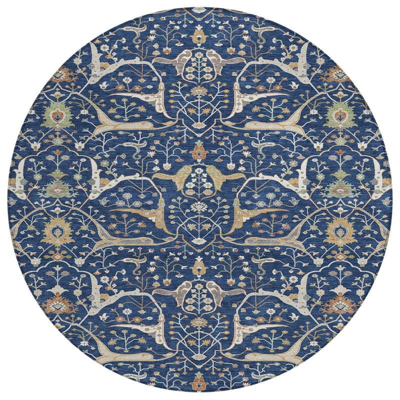 8' Navy Blue Ivory And Gold Round Floral Washable Indoor Outdoor Area Rug