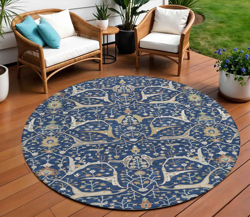 8' Navy Blue Ivory And Gold Round Floral Washable Indoor Outdoor Area Rug