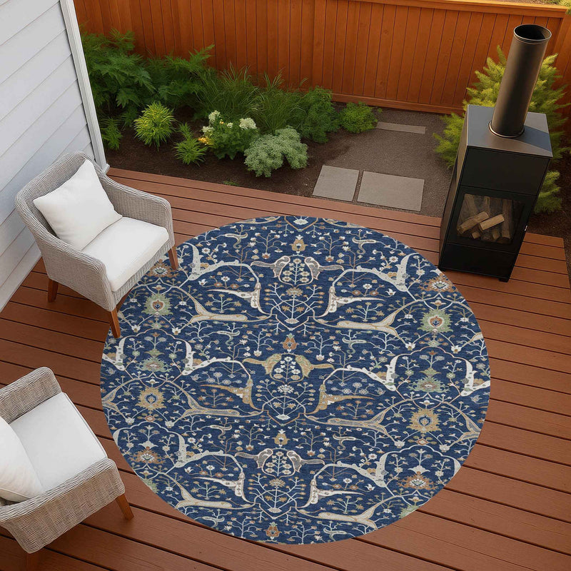 8' Navy Blue Ivory And Gold Round Floral Washable Indoor Outdoor Area Rug