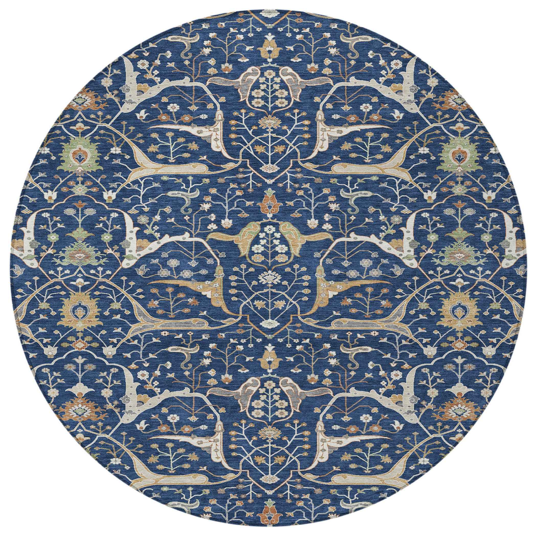 8' Navy Blue Ivory And Gold Round Floral Washable Indoor Outdoor Area Rug