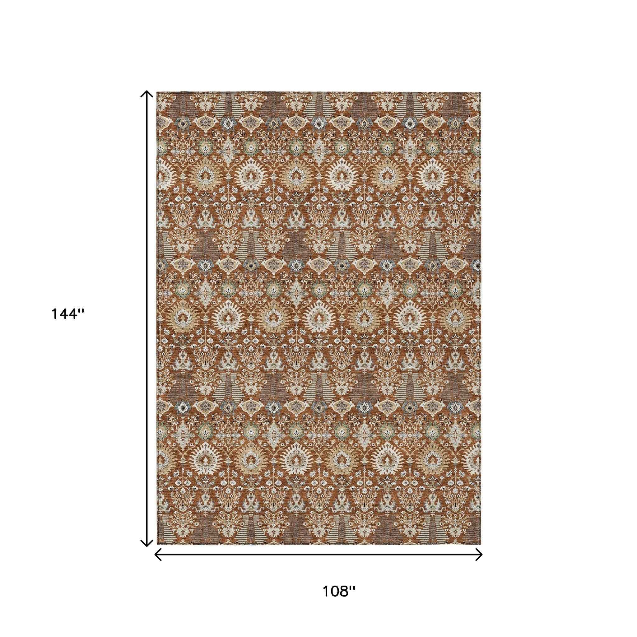 9' X 12' Rust And Ivory Floral Washable Indoor Outdoor Area Rug