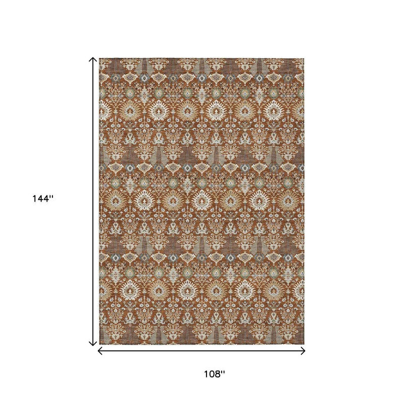 9' X 12' Rust And Ivory Floral Washable Indoor Outdoor Area Rug