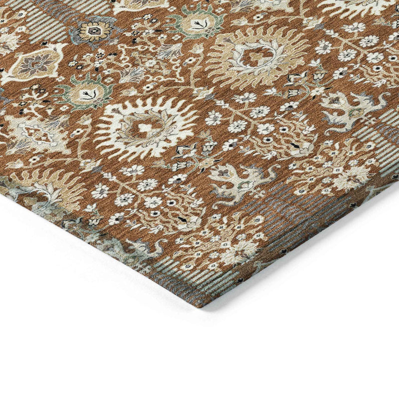 9' X 12' Rust And Ivory Floral Washable Indoor Outdoor Area Rug