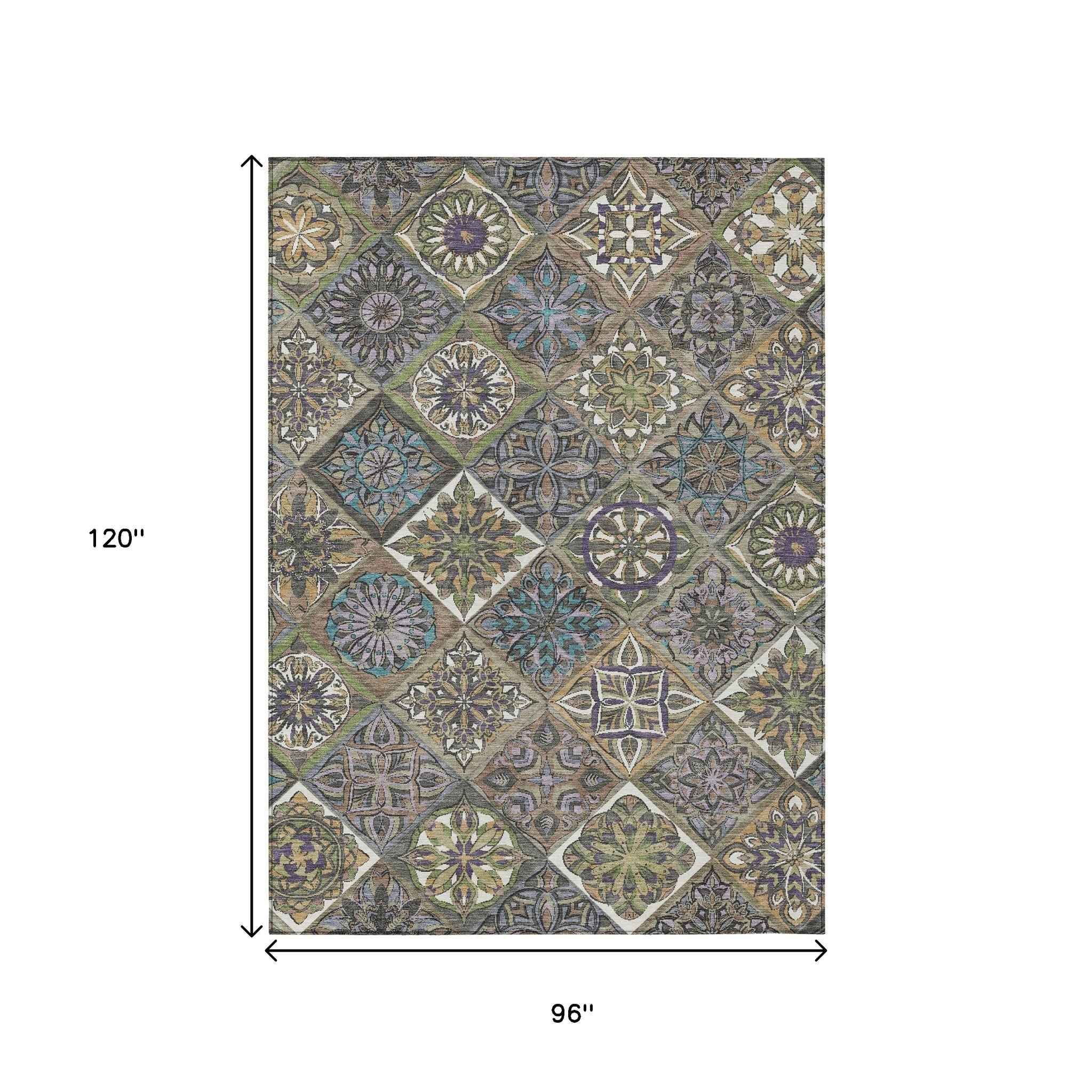 8' X 10' Taupe And Green Patchwork Washable Indoor Outdoor Area Rug