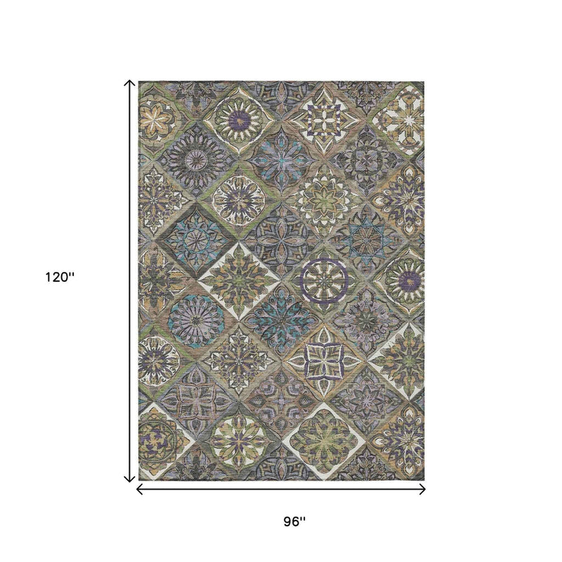 8' X 10' Taupe And Green Patchwork Washable Indoor Outdoor Area Rug