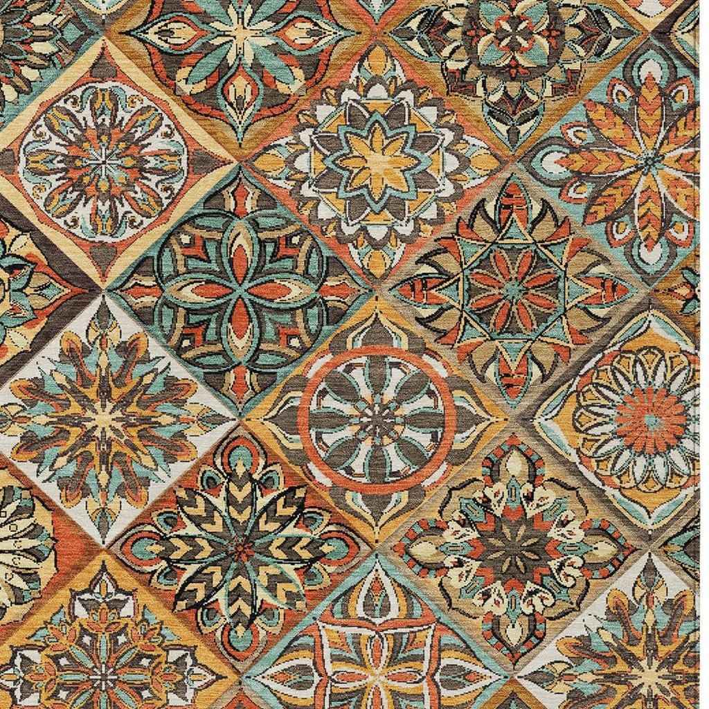 9' X 12' Gold And Orange Patchwork Washable Indoor Outdoor Area Rug