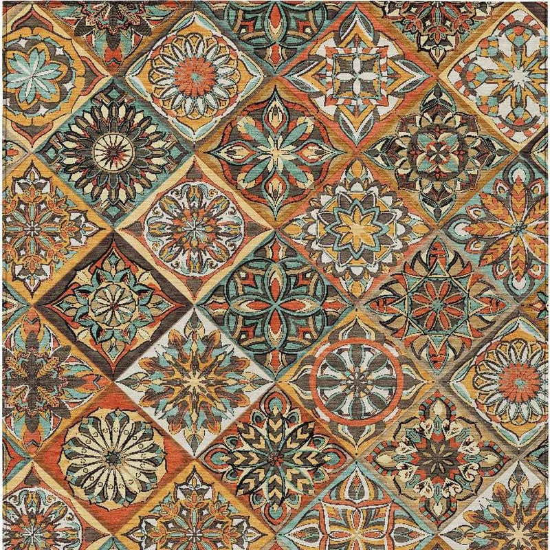 9' X 12' Gold And Orange Patchwork Washable Indoor Outdoor Area Rug