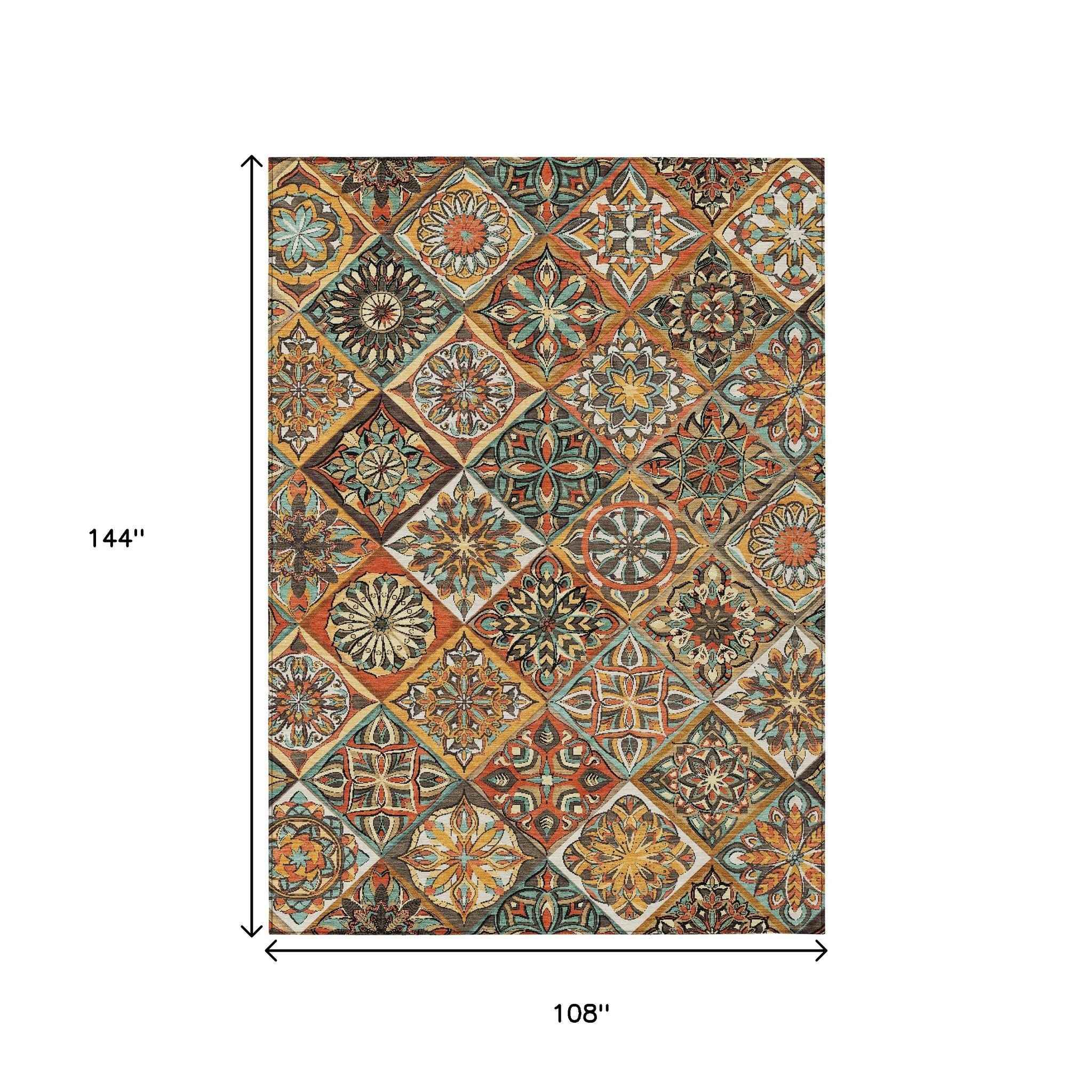 9' X 12' Gold And Orange Patchwork Washable Indoor Outdoor Area Rug