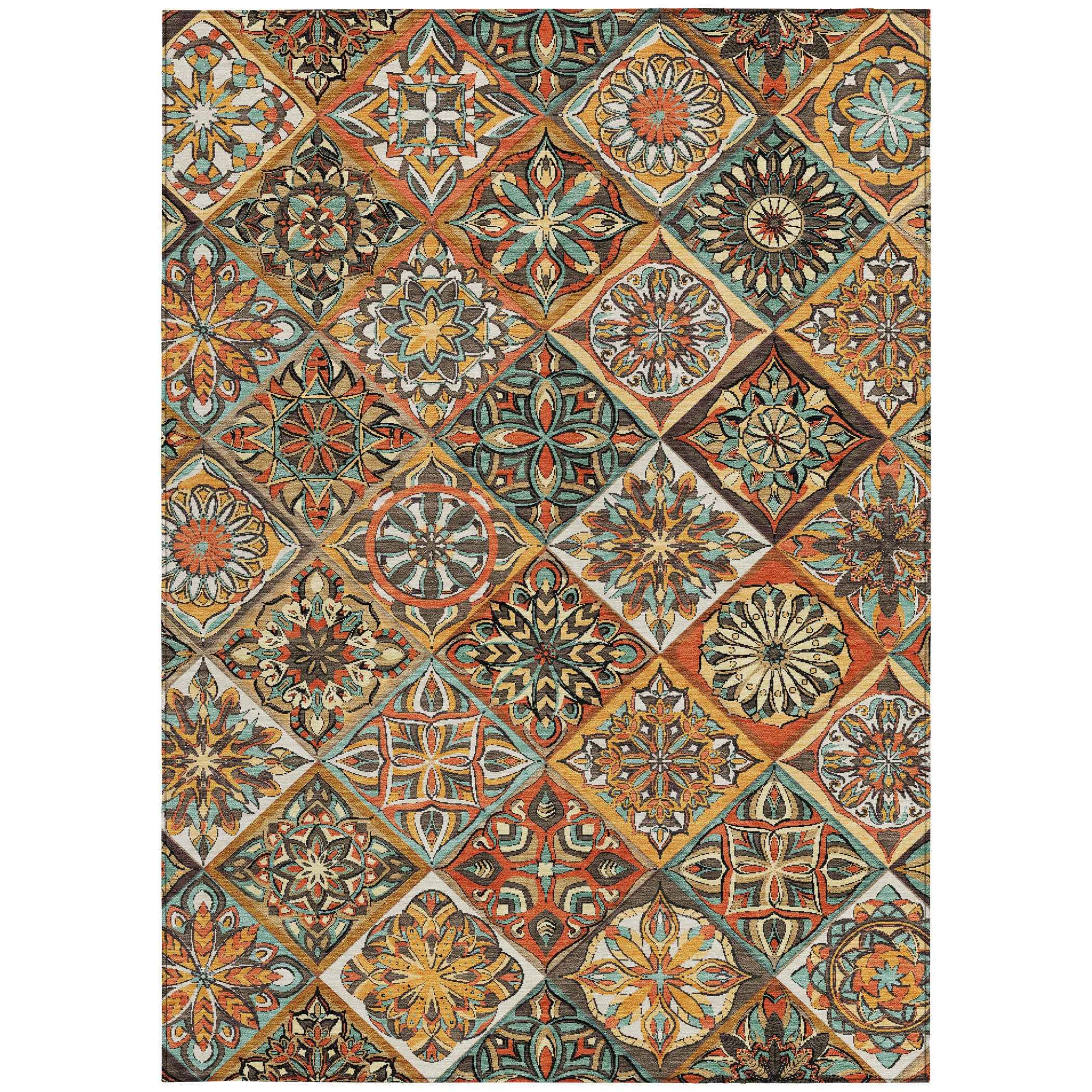 9' X 12' Gold And Orange Patchwork Washable Indoor Outdoor Area Rug