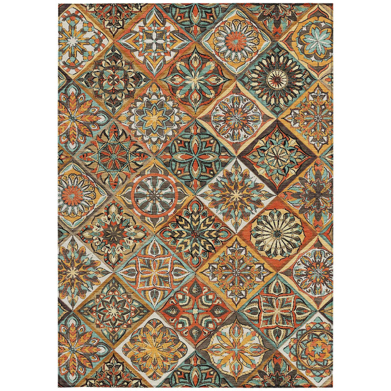 9' X 12' Gold And Orange Patchwork Washable Indoor Outdoor Area Rug