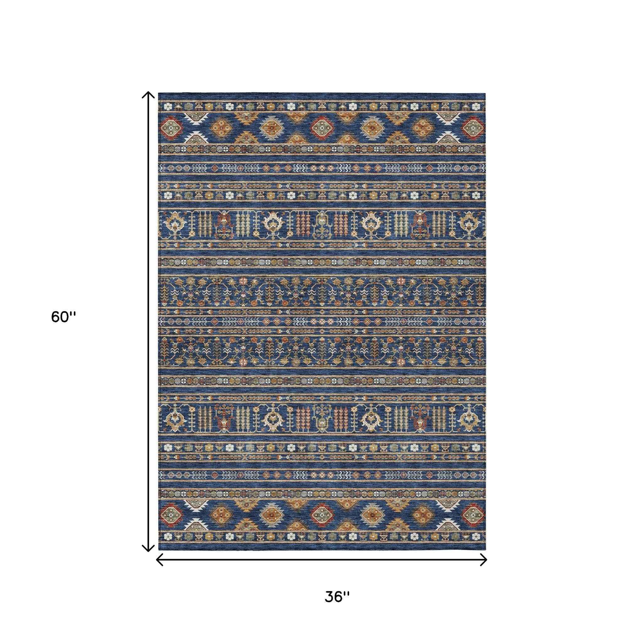 3' X 5' Navy Blue Copper And Gold Tribal Washable Indoor Outdoor Area Rug