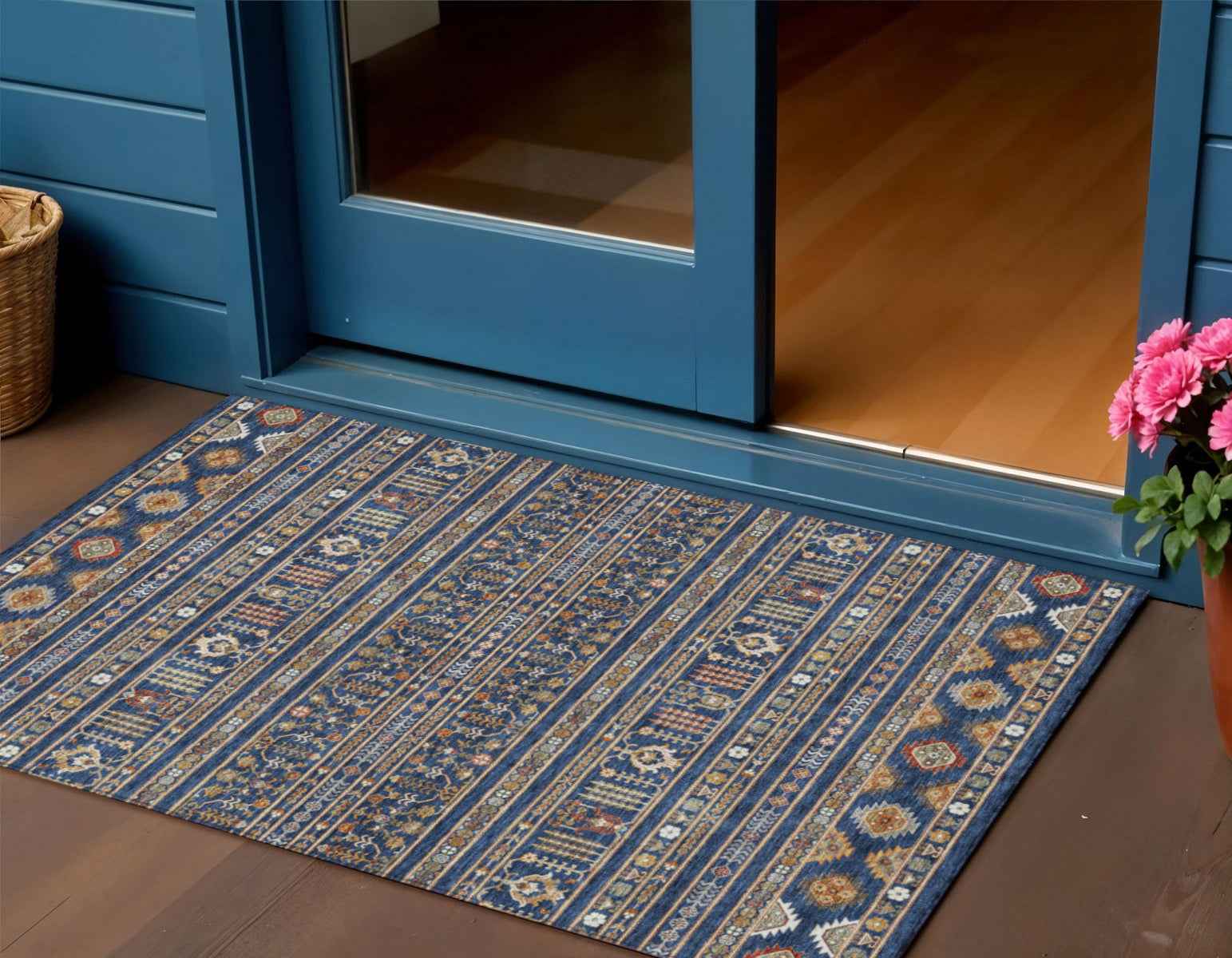 3' X 5' Navy Blue Copper And Gold Tribal Washable Indoor Outdoor Area Rug