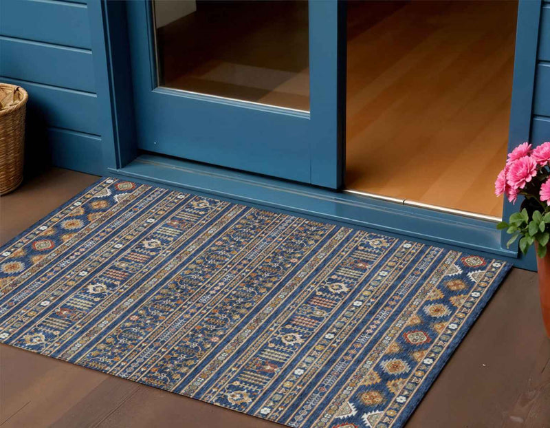 3' X 5' Navy Blue Copper And Gold Tribal Washable Indoor Outdoor Area Rug