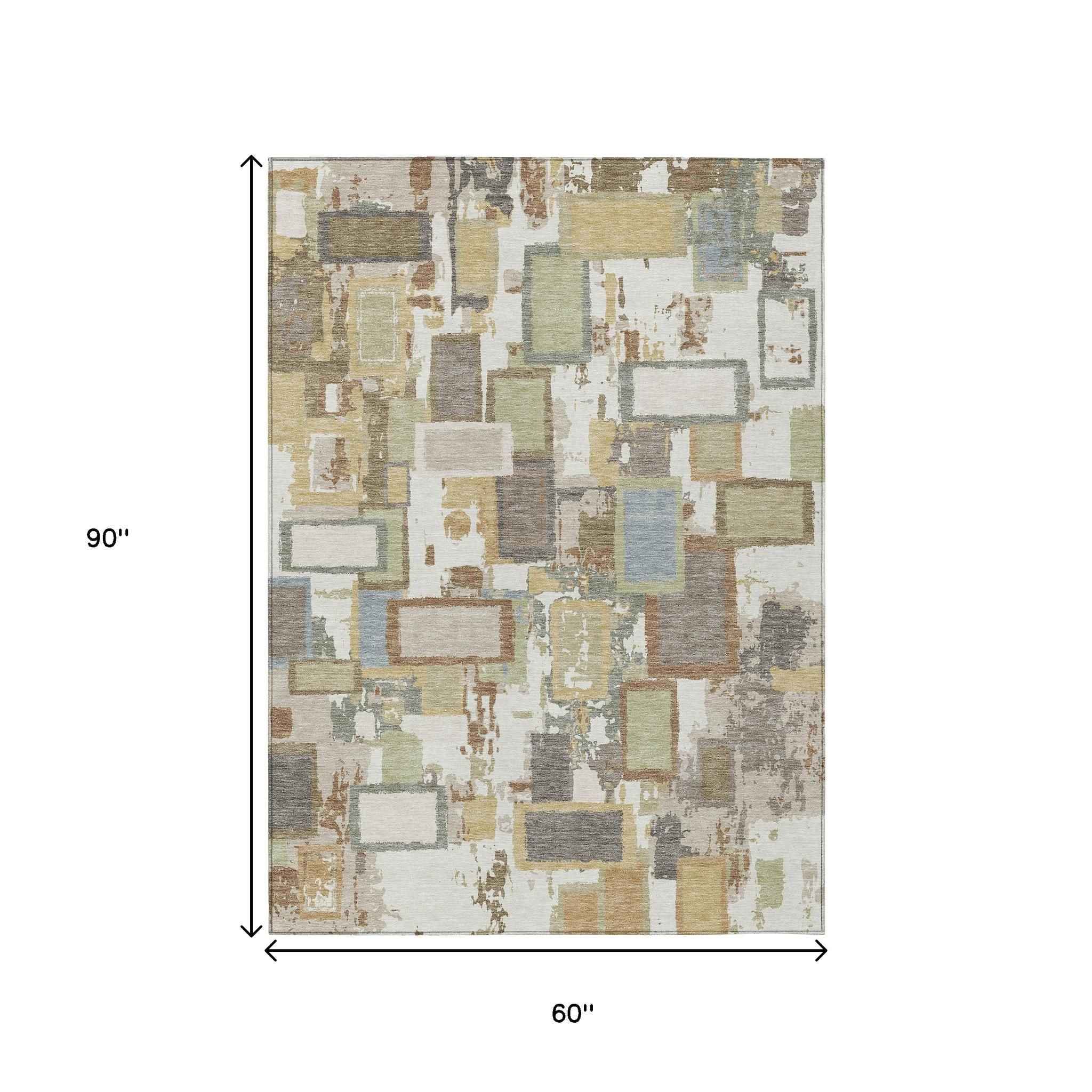 5' X 8' Ivory Gold And Blue Geometric Washable Indoor Outdoor Area Rug