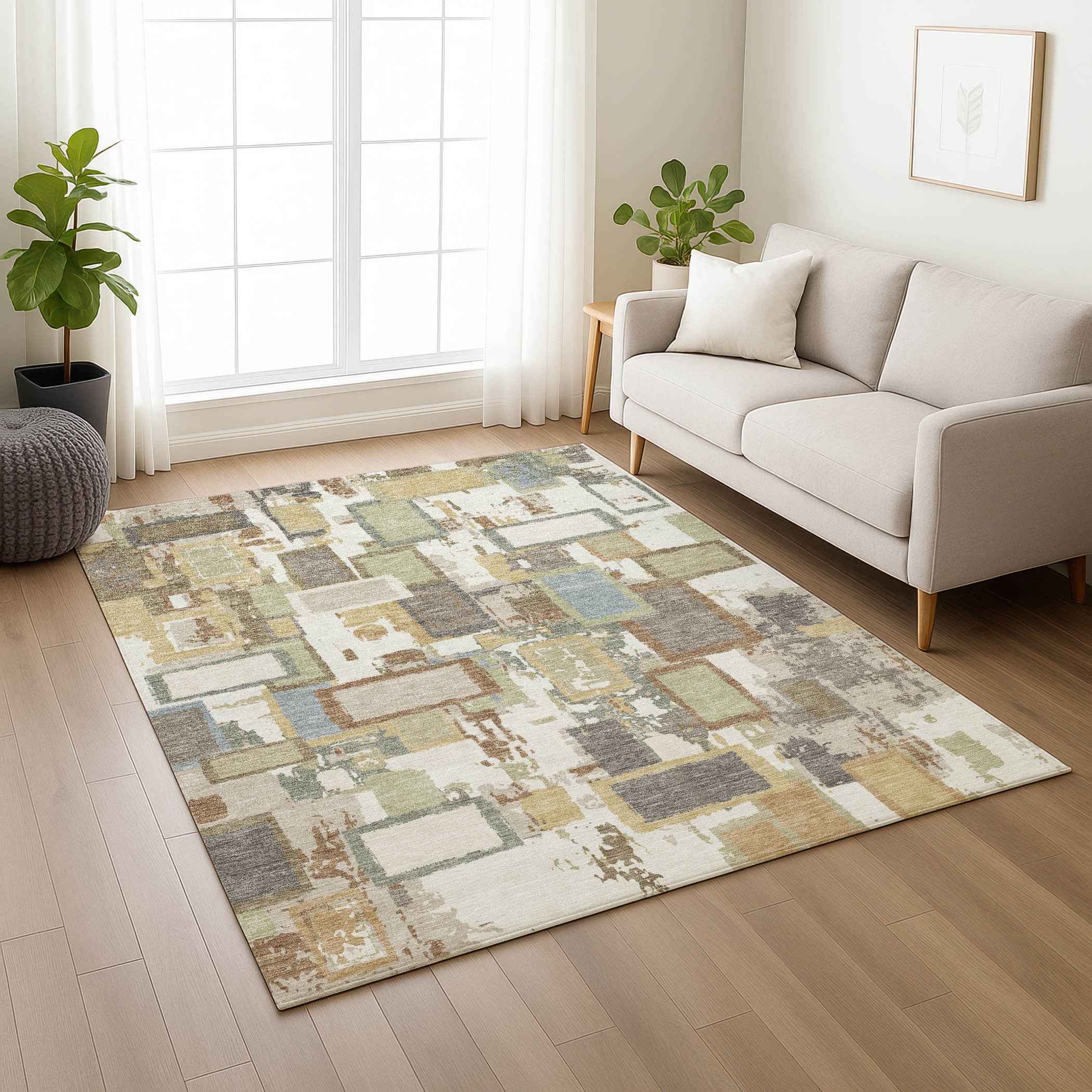 5' X 8' Ivory Gold And Blue Geometric Washable Indoor Outdoor Area Rug