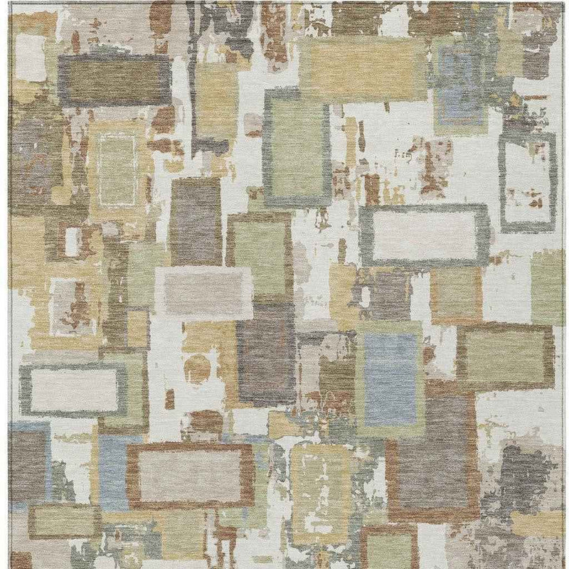 5' X 8' Ivory Gold And Blue Geometric Washable Indoor Outdoor Area Rug