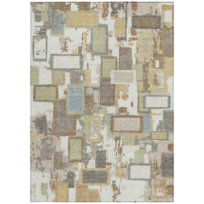 5' X 8' Ivory Gold And Blue Geometric Washable Indoor Outdoor Area Rug