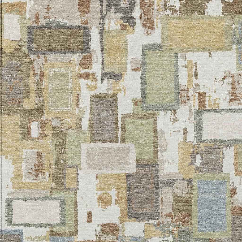 5' X 8' Ivory Gold And Blue Geometric Washable Indoor Outdoor Area Rug