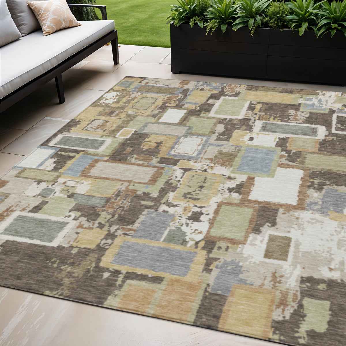 5' X 8' Ivory Gold And Blue Geometric Washable Indoor Outdoor Area Rug