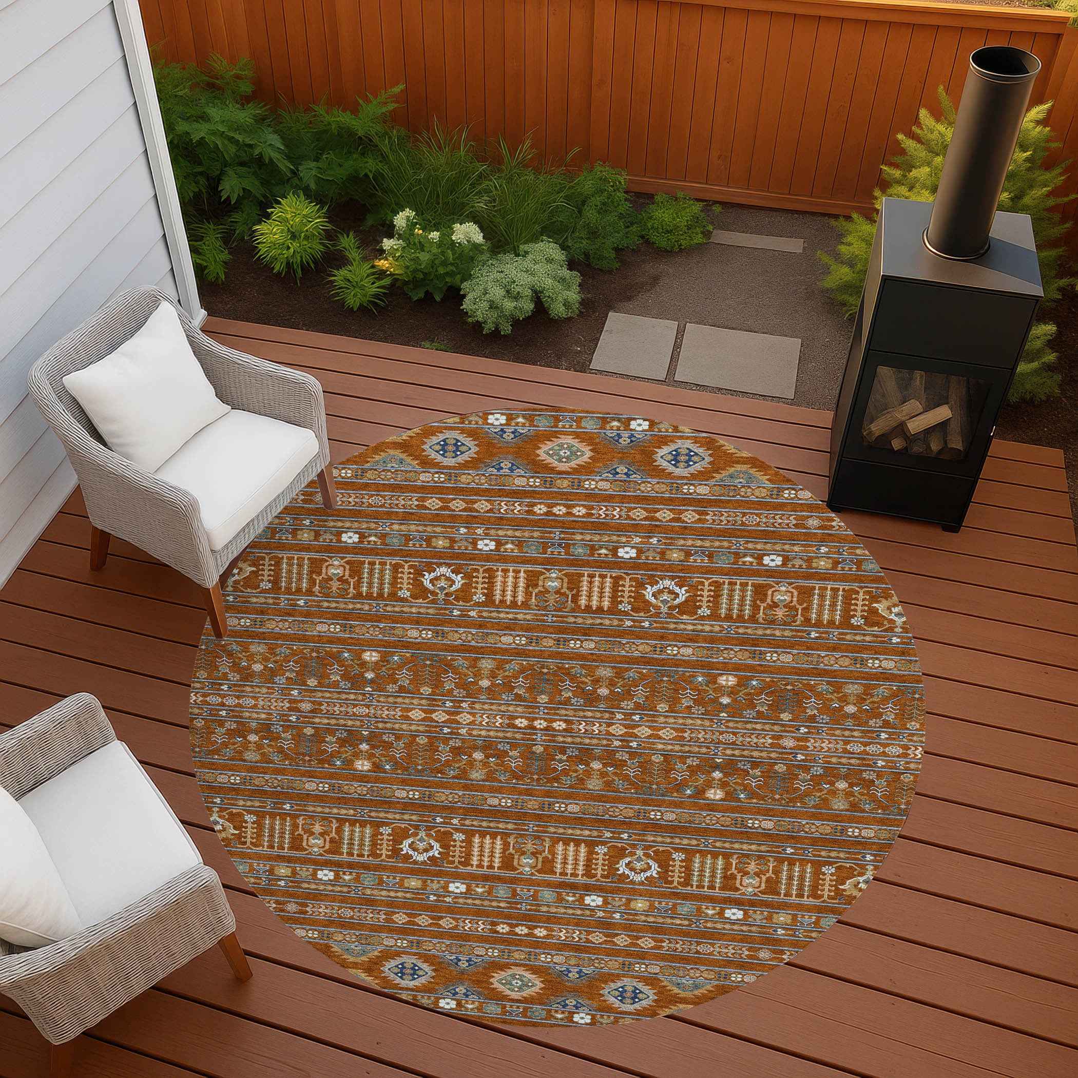 8' Rust Blue And Ivory Round Tribal Washable Indoor Outdoor Area Rug