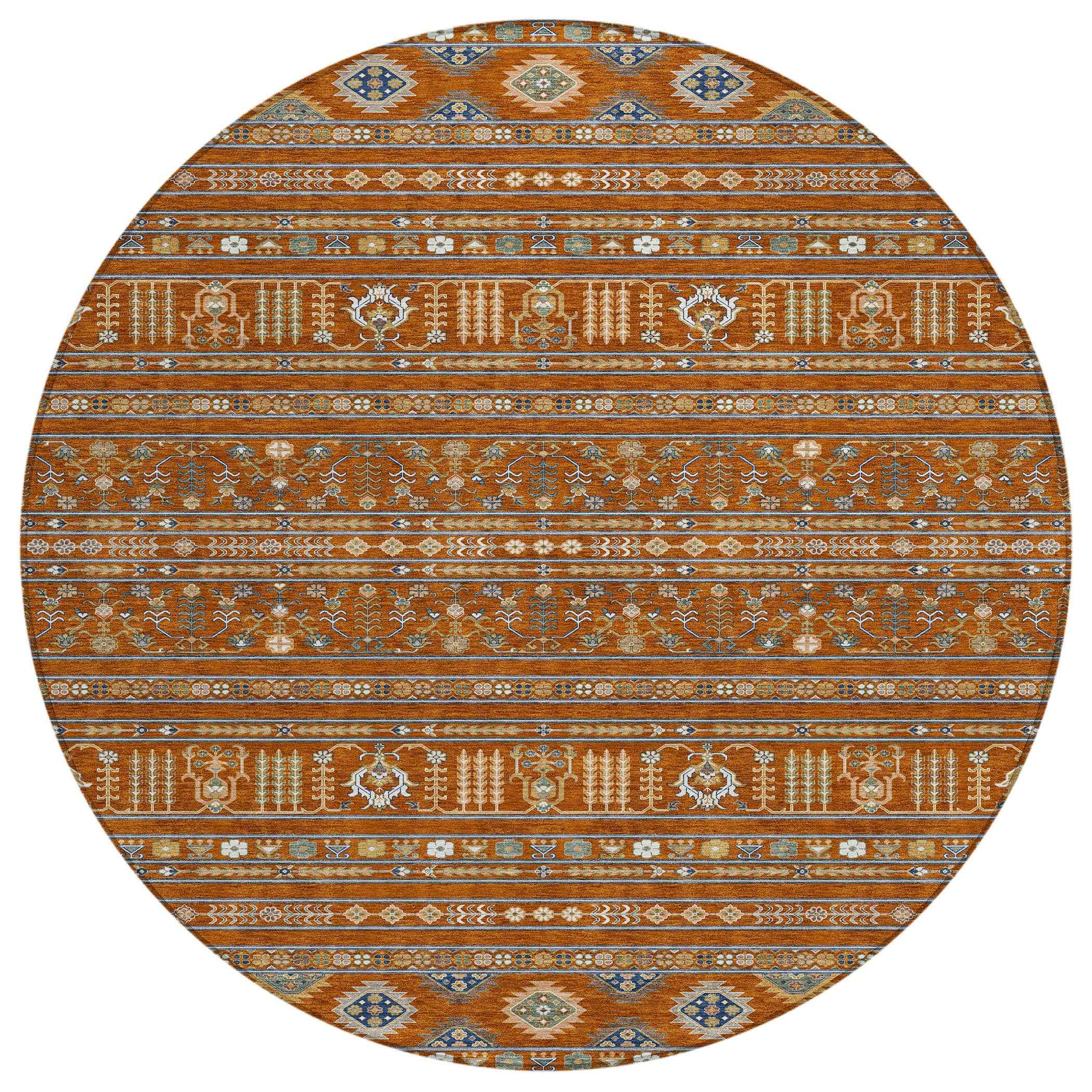 8' Rust Blue And Ivory Round Tribal Washable Indoor Outdoor Area Rug