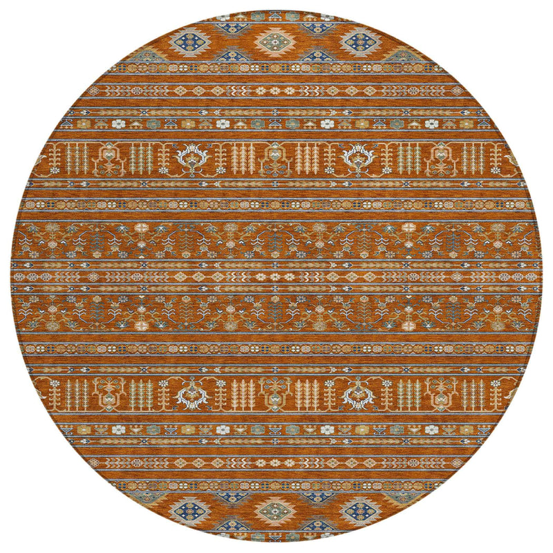 8' Rust Blue And Ivory Round Tribal Washable Indoor Outdoor Area Rug
