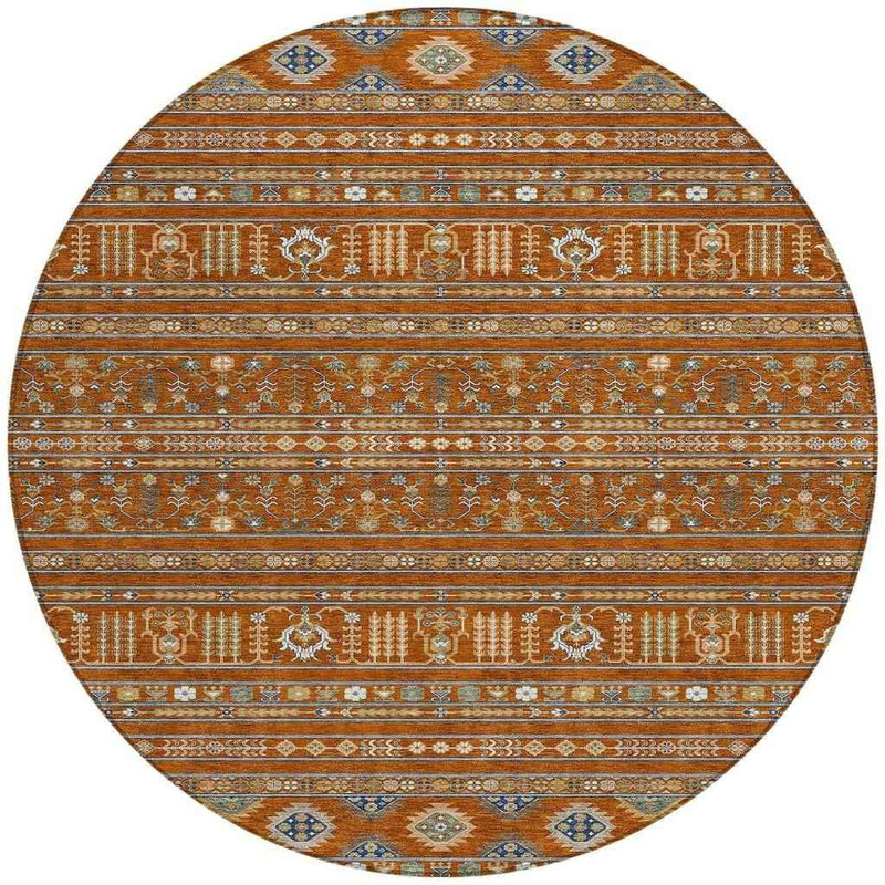 8' Rust Blue And Ivory Round Tribal Washable Indoor Outdoor Area Rug