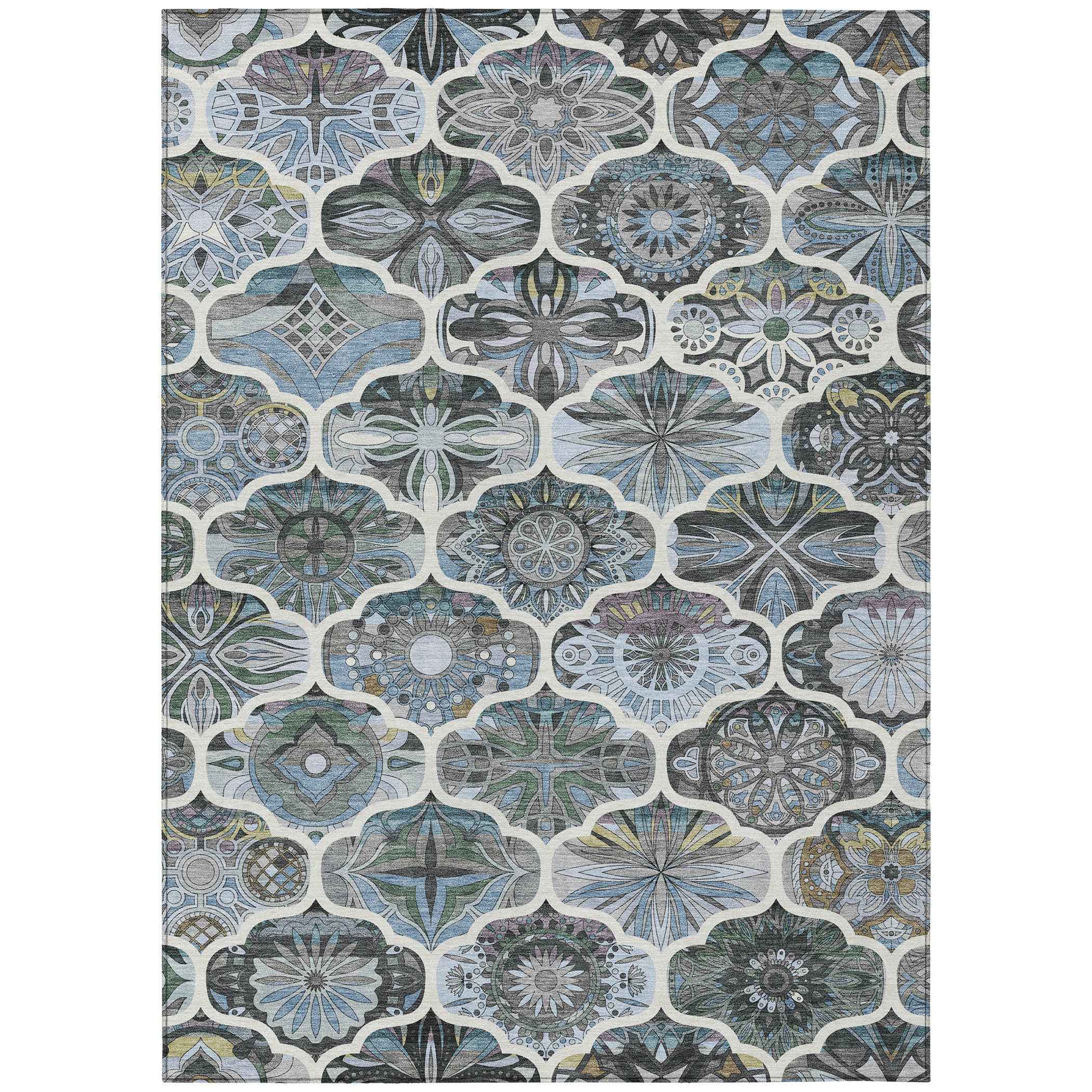8' X 10' Blue And Ivory Quatrefoil Washable Indoor Outdoor Area Rug