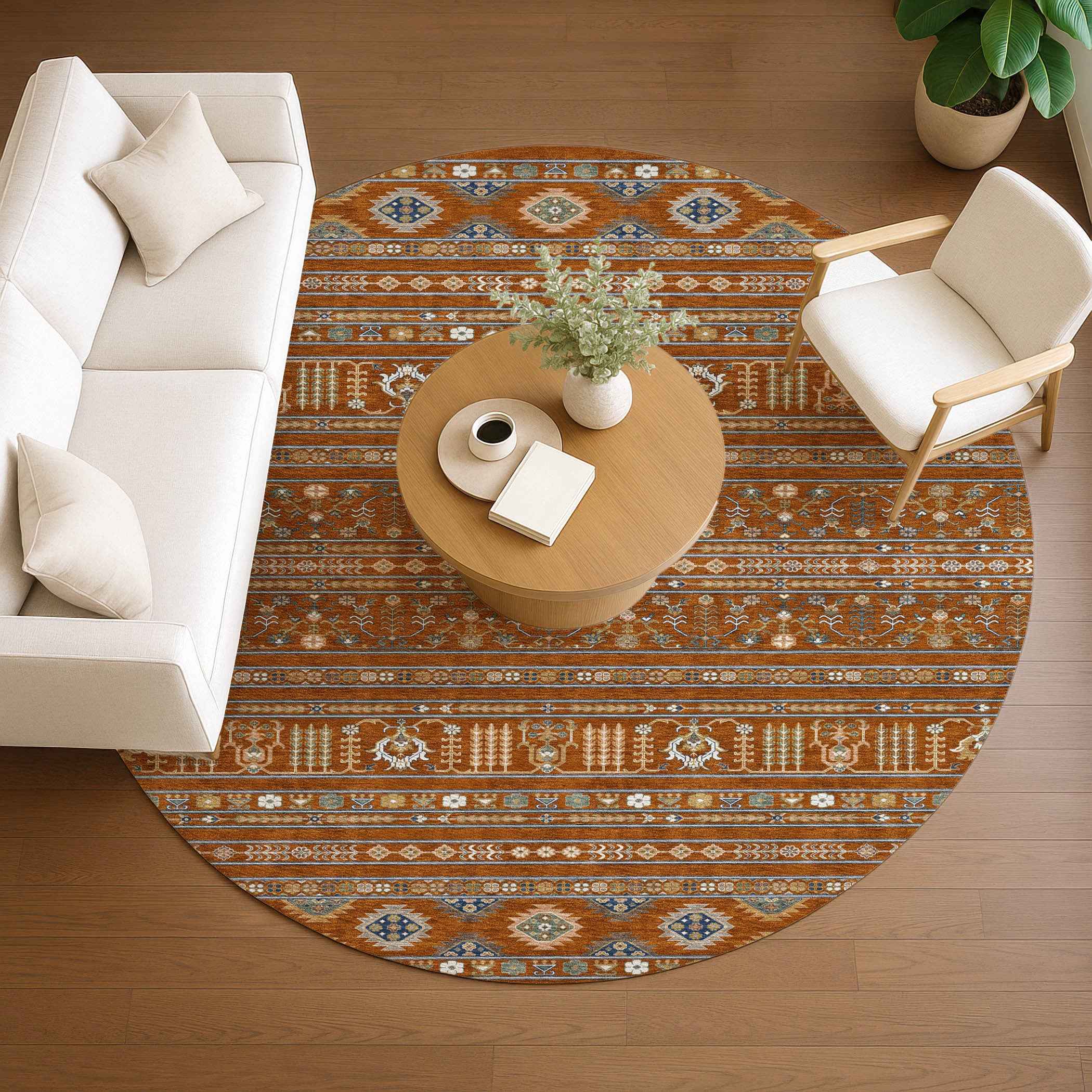 8' Rust Blue And Ivory Round Tribal Washable Indoor Outdoor Area Rug