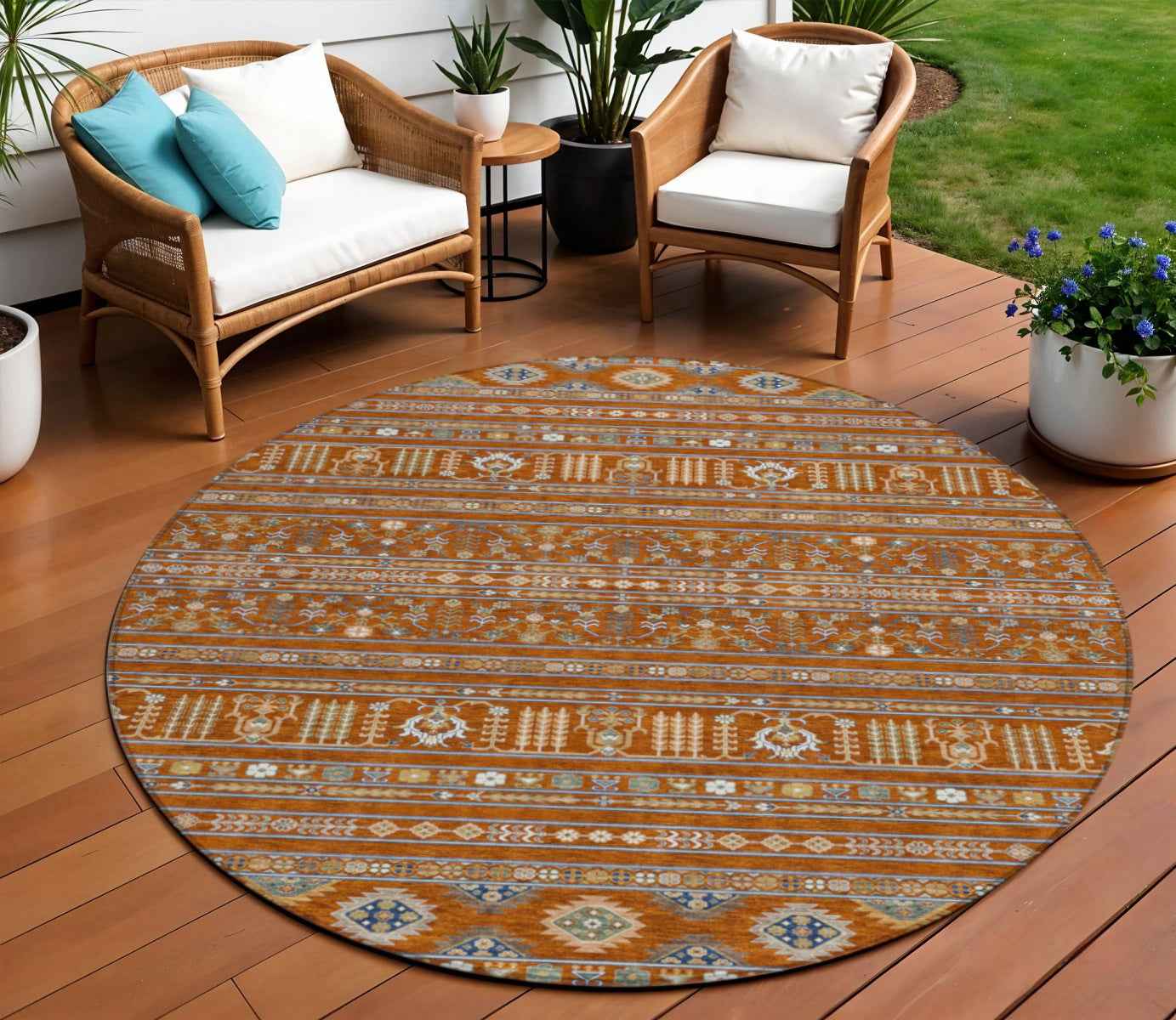 8' Rust Blue And Ivory Round Tribal Washable Indoor Outdoor Area Rug