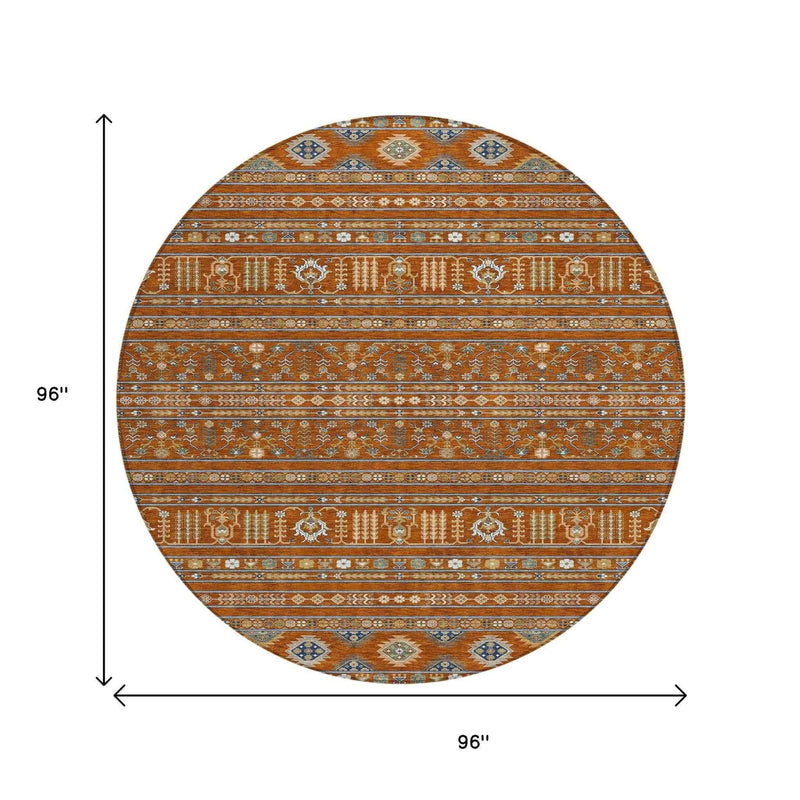 8' Rust Blue And Ivory Round Tribal Washable Indoor Outdoor Area Rug