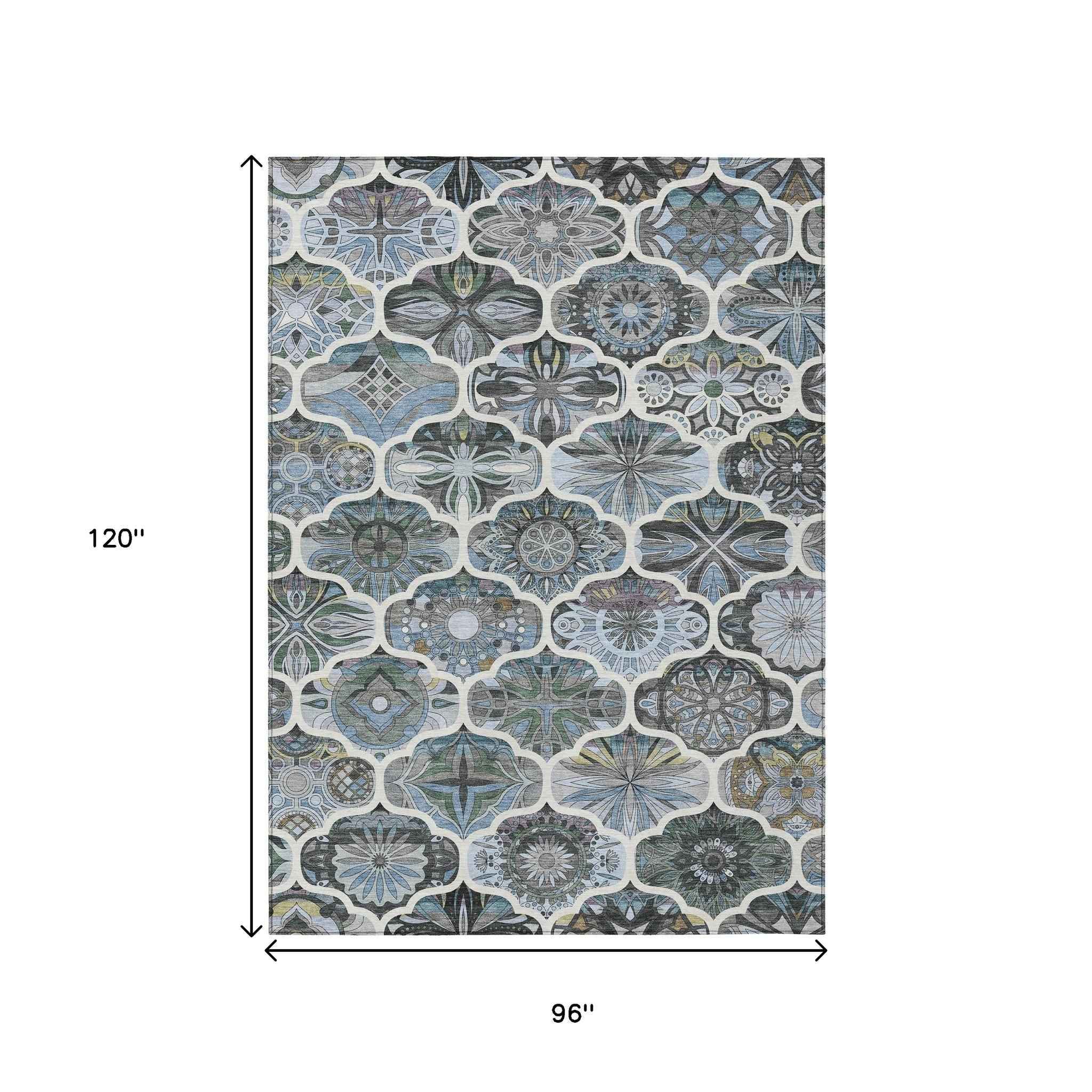 8' X 10' Blue And Ivory Quatrefoil Washable Indoor Outdoor Area Rug