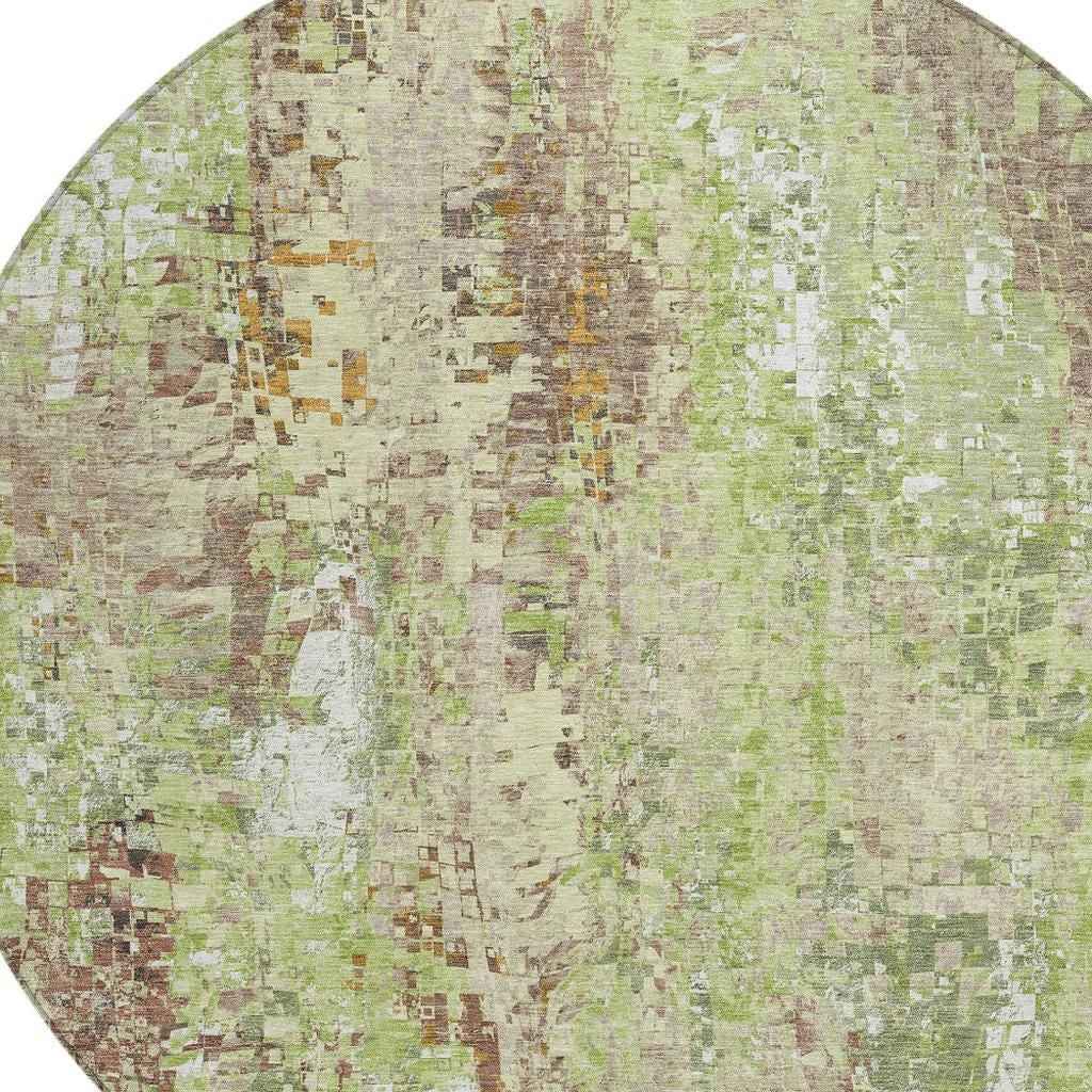 8' Green Tan And Ivory Round Abstract Washable Indoor Outdoor Area Rug