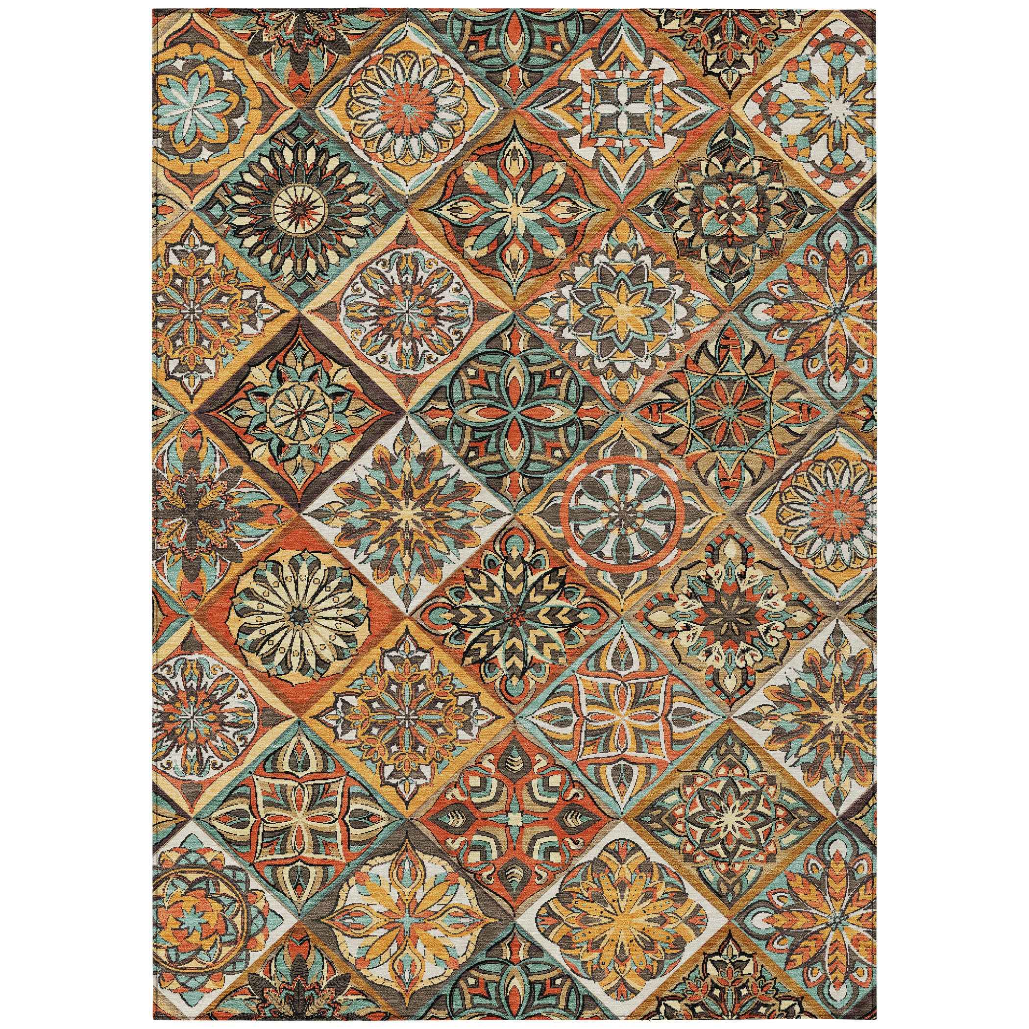 8' X 10' Gold And Orange Patchwork Washable Indoor Outdoor Area Rug