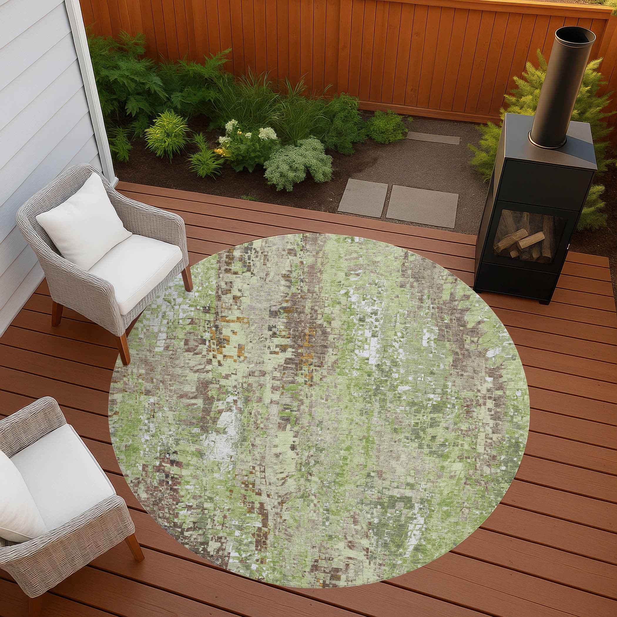 8' Green Tan And Ivory Round Abstract Washable Indoor Outdoor Area Rug