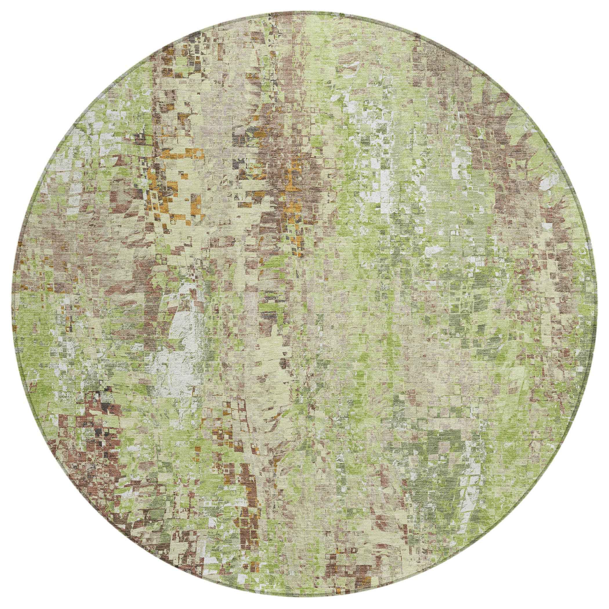 8' Green Tan And Ivory Round Abstract Washable Indoor Outdoor Area Rug