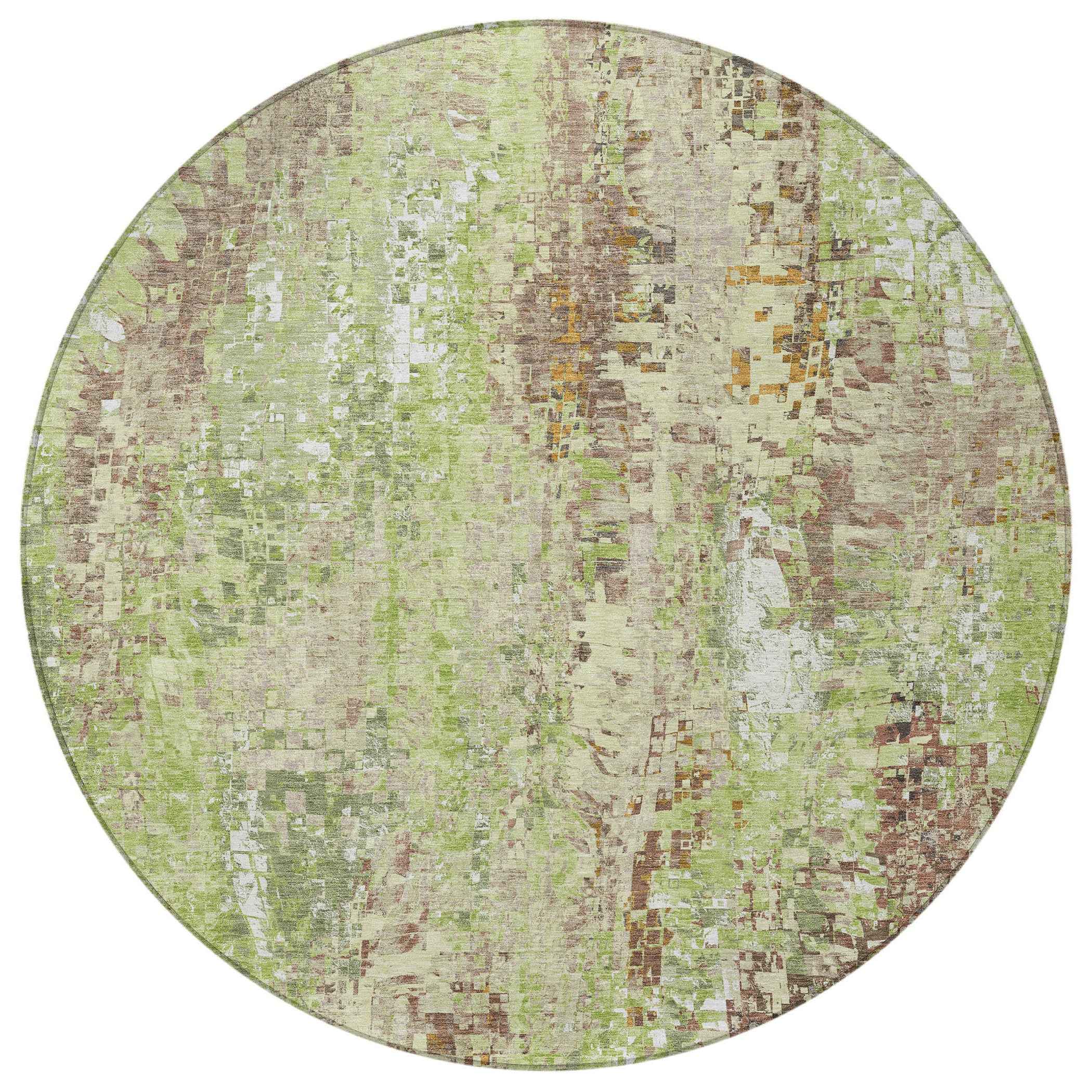 8' Green Tan And Ivory Round Abstract Washable Indoor Outdoor Area Rug