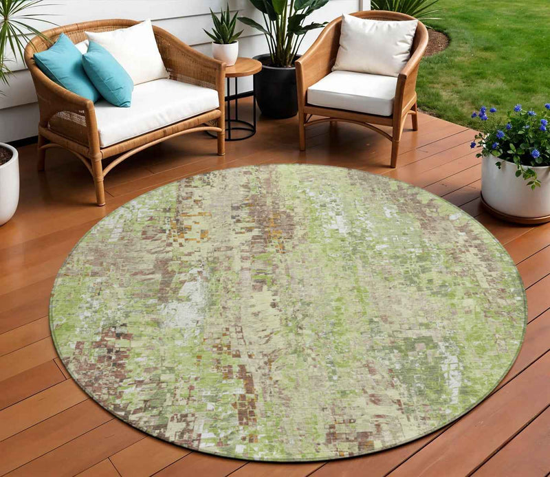 8' Green Tan And Ivory Round Abstract Washable Indoor Outdoor Area Rug