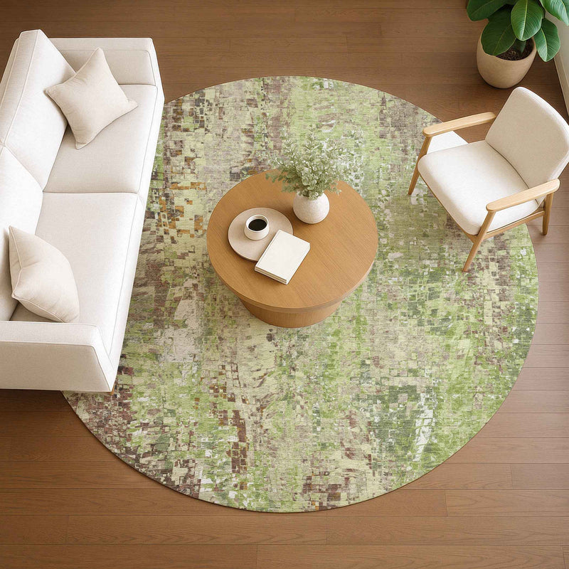 8' Green Tan And Ivory Round Abstract Washable Indoor Outdoor Area Rug