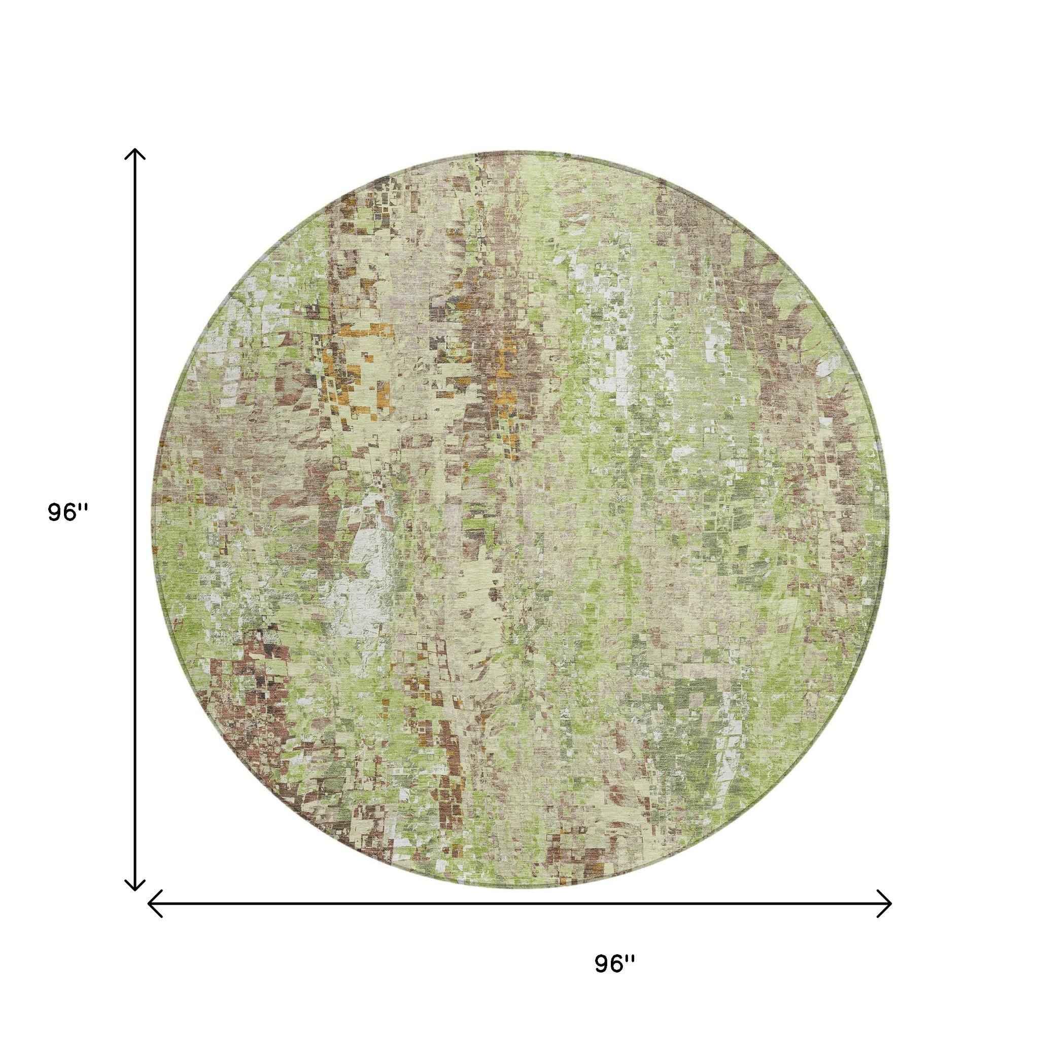 8' Green Tan And Ivory Round Abstract Washable Indoor Outdoor Area Rug