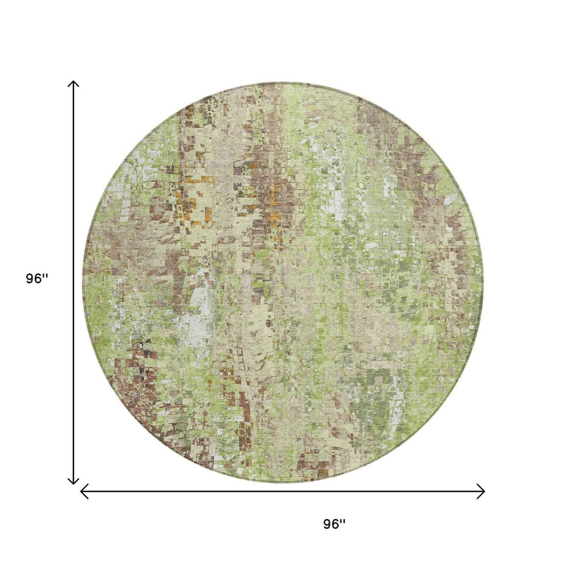 8' Green Tan And Ivory Round Abstract Washable Indoor Outdoor Area Rug