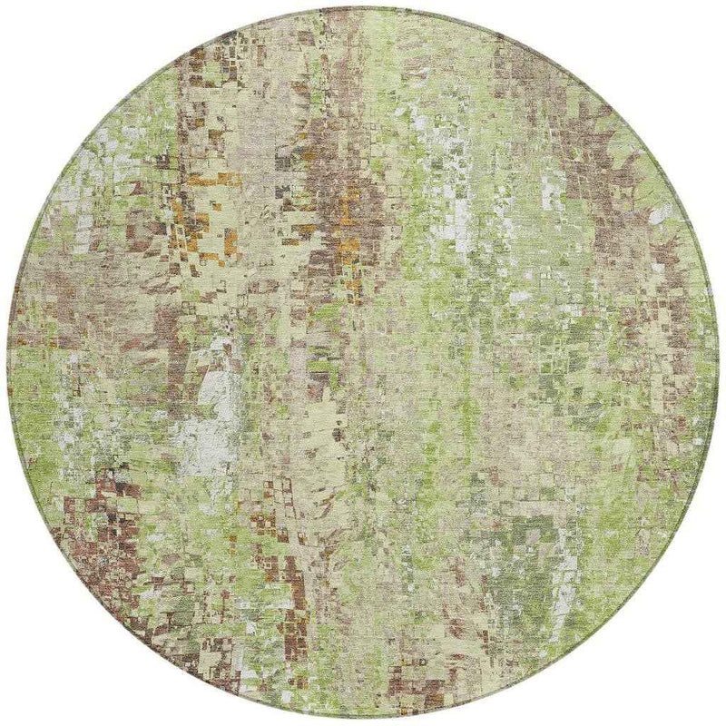 8' Green Tan And Ivory Round Abstract Washable Indoor Outdoor Area Rug