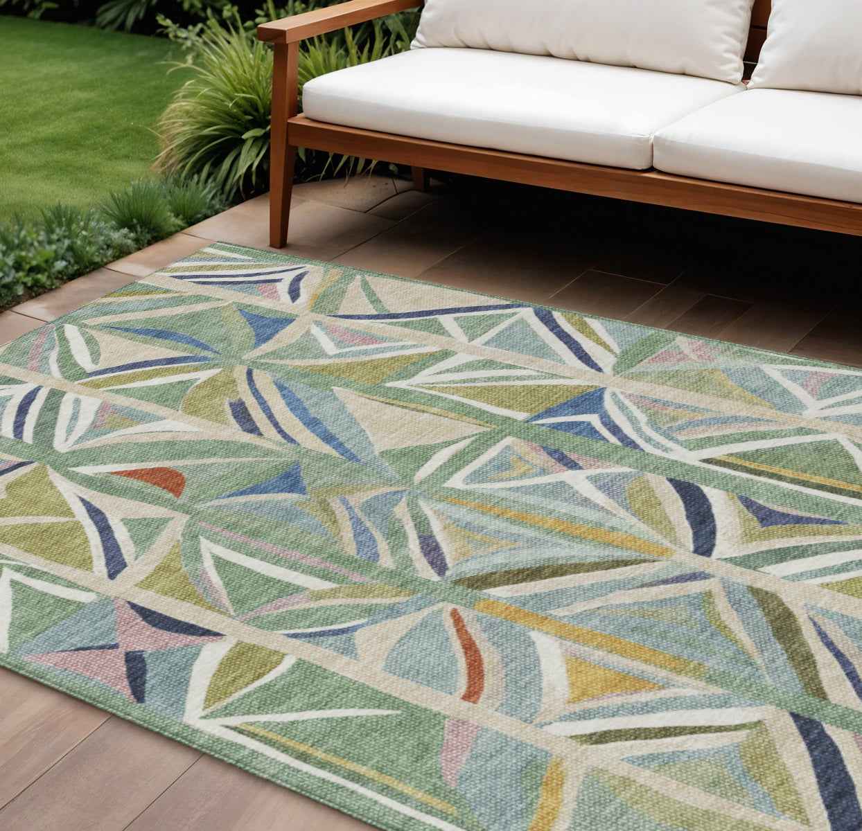 8' X 10' Sage Blue And Ivory Geometric Washable Indoor Outdoor Area Rug