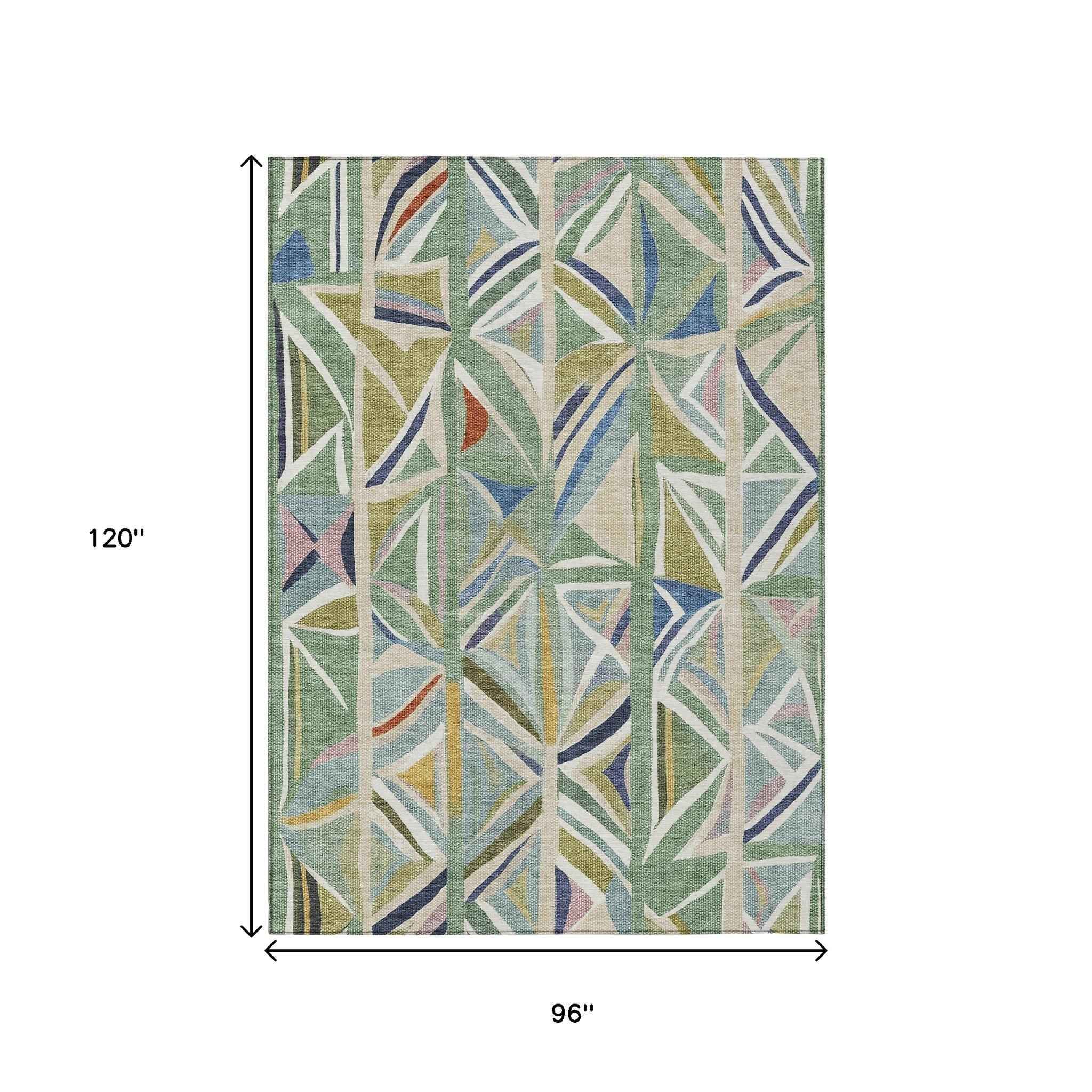 8' X 10' Sage Blue And Ivory Geometric Washable Indoor Outdoor Area Rug