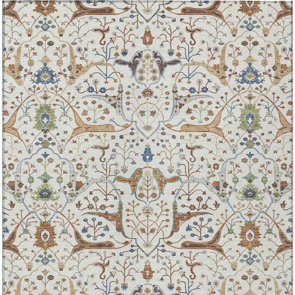 8' X 10' Ivory Copper And Blue Floral Washable Indoor Outdoor Area Rug