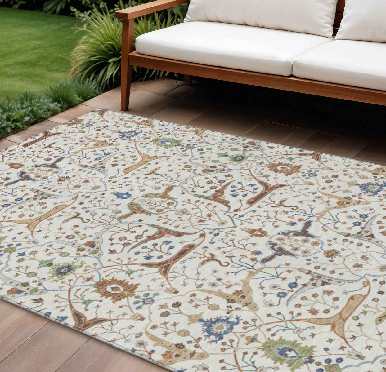 8' X 10' Ivory Copper And Blue Floral Washable Indoor Outdoor Area Rug