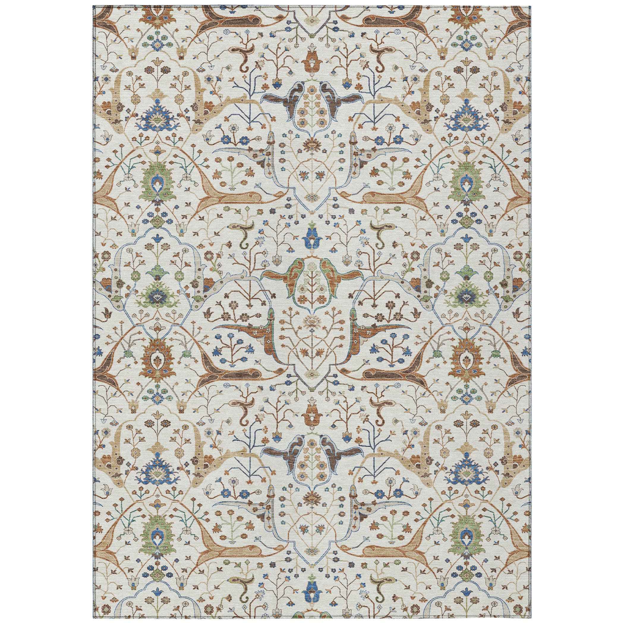 8' X 10' Ivory Copper And Blue Floral Washable Indoor Outdoor Area Rug