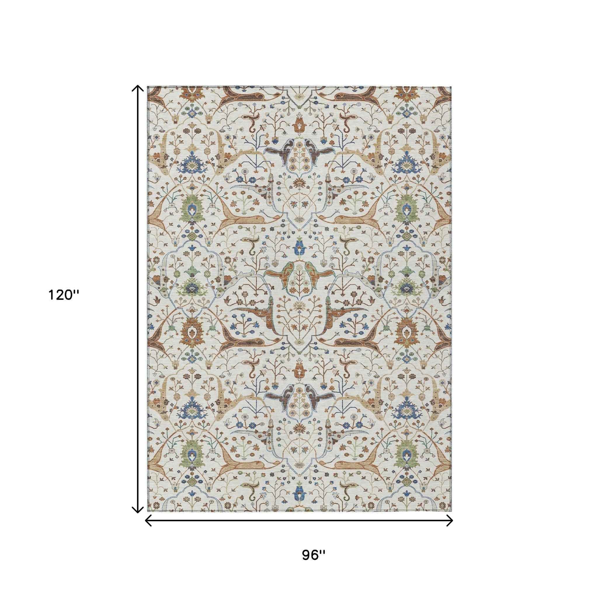 8' X 10' Ivory Copper And Blue Floral Washable Indoor Outdoor Area Rug