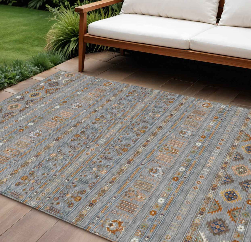 10' X 14' Gray Blue And Copper Tribal Washable Indoor Outdoor Area Rug